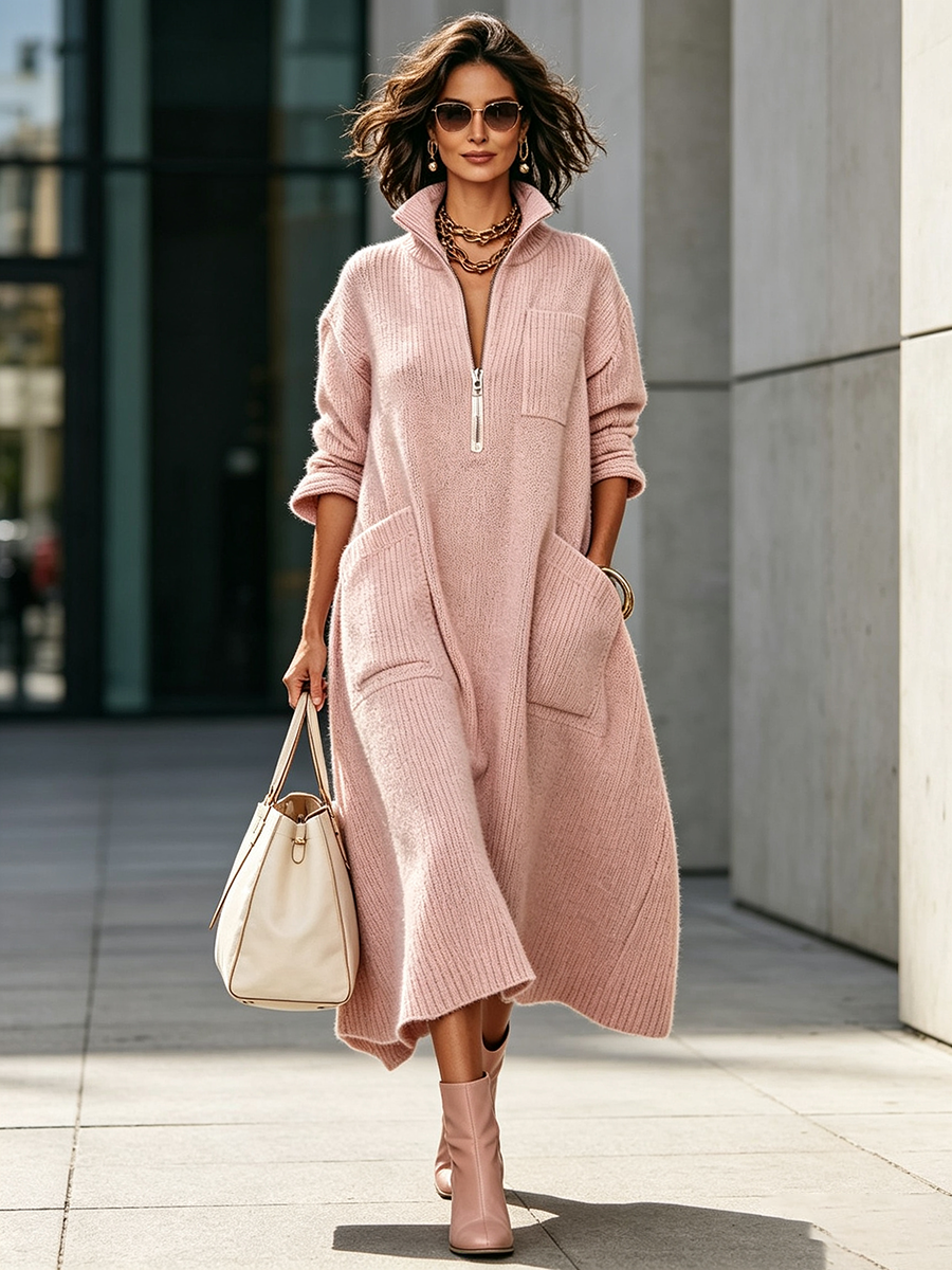 🤲LAST DAY SAVE 49% ⏰Elegant Quarter-zip High Collar Oversized Knit Midi Dress