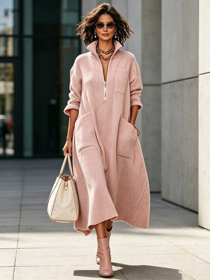 🤲LAST DAY SAVE 49% ⏰Elegant Quarter-zip High Collar Oversized Knit Midi Dress