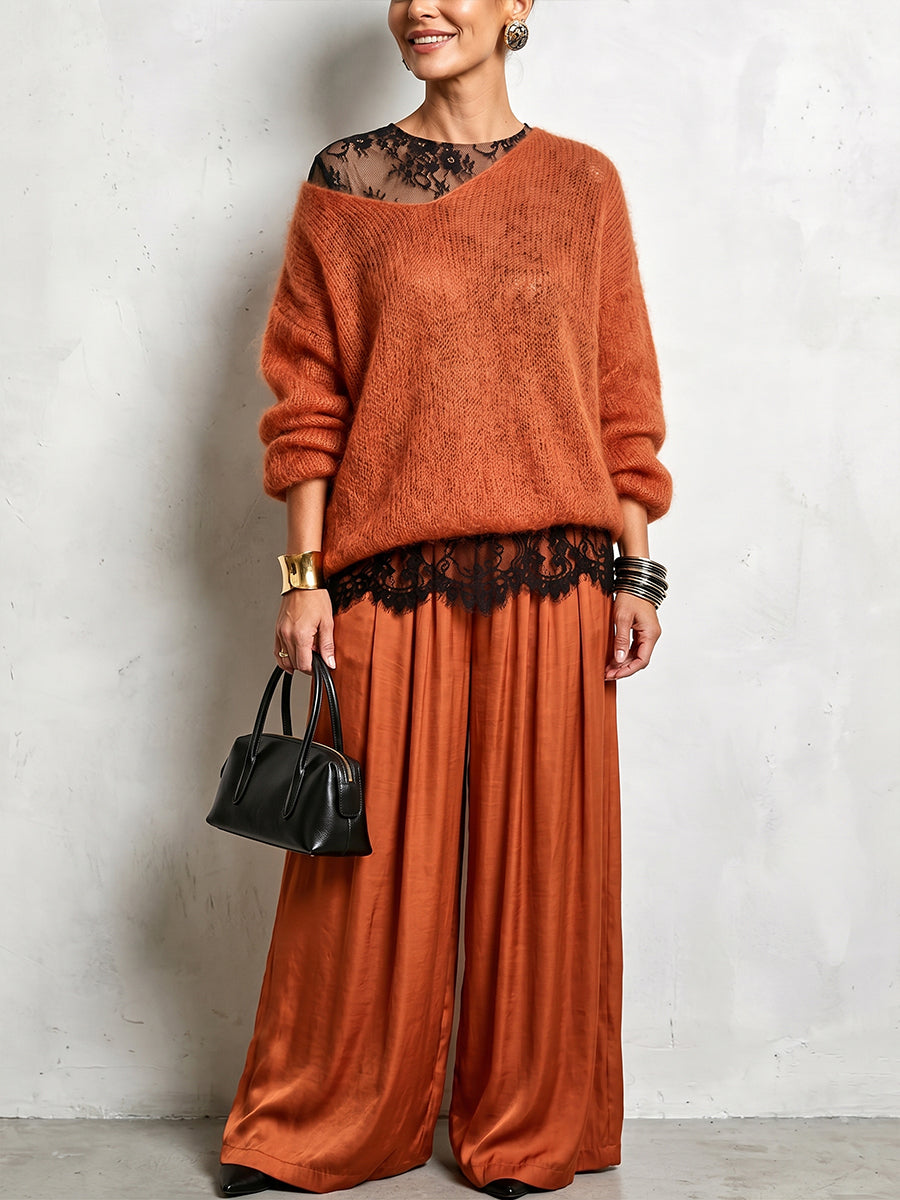 🤲LAST DAY SAVE 49% ⏰Cozy Lace Long Sleeve T-shirt And Mohair Knit Sweater Two Piece Set