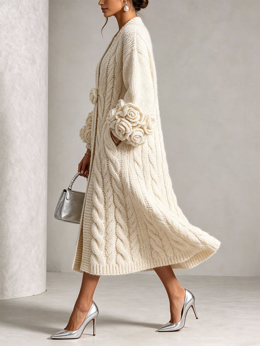 🤲LAST DAY SAVE 49% ⏰Chic Cream Floral Accented Cable-Knit Cardigan— FREE Handbag