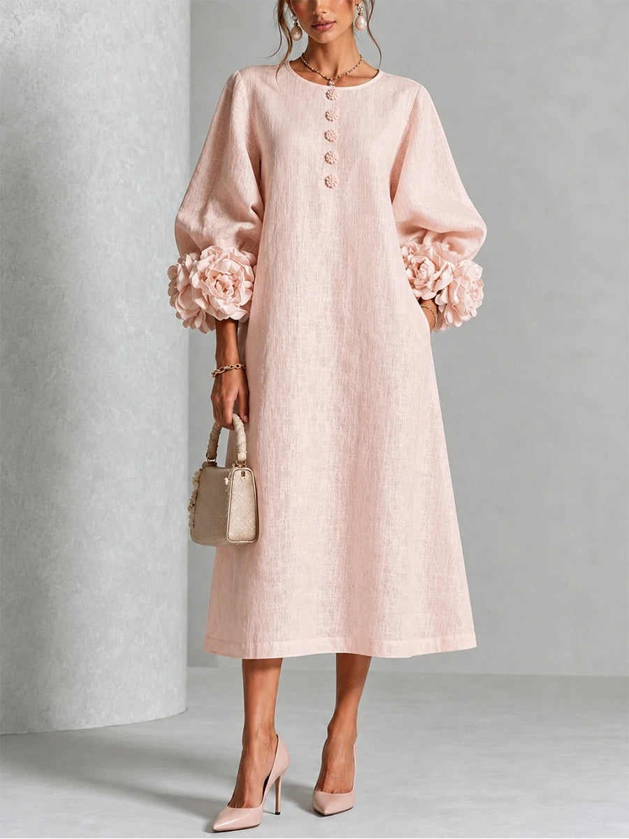 🤲LAST DAY SAVE 49% ⏰Chic Chambray Denim 3D Rosette Sleeve Midi Dress