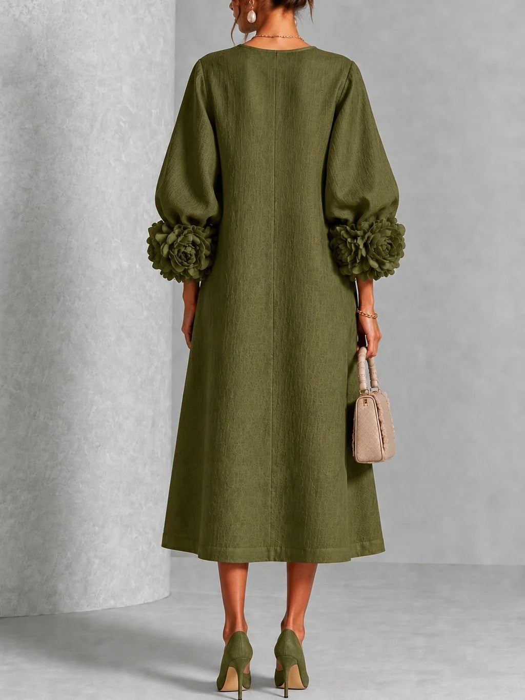 🤲LAST DAY SAVE 49% ⏰3D Floral Cuff Midi Dress – Relaxed A-Line Button Front