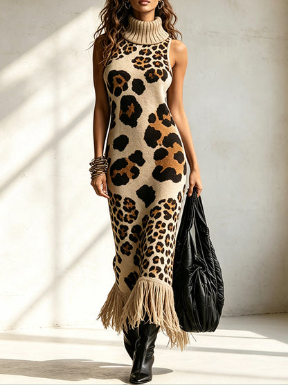 🤲LAST DAY SAVE 49% ⏰Bohemian Leopard-print Sleeveless Turtleneck Knit Midi Dress-✨FREE Handbag