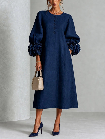 🤲LAST DAY SAVE 49% ⏰Chic Chambray Denim 3D Rosette Sleeve Midi Dress