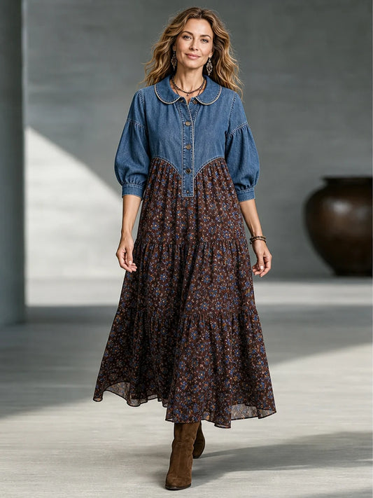 🤲LAST DAY SAVE 49% ⏰Boho-chic Denim Bodice Long Sleeve Floral Tiered Swing Maxi Dress