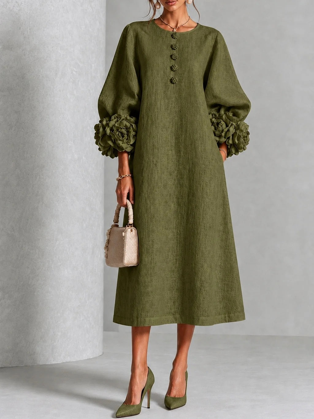 🤲LAST DAY SAVE 49% ⏰Chic Chambray Denim 3D Rosette Sleeve Midi Dress