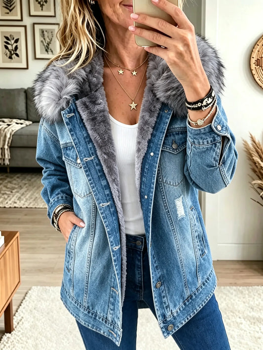 🤲LAST DAY SAVE 49% ⏰Women's Faux Fur Collar Fleece-Lined Denim Jacket