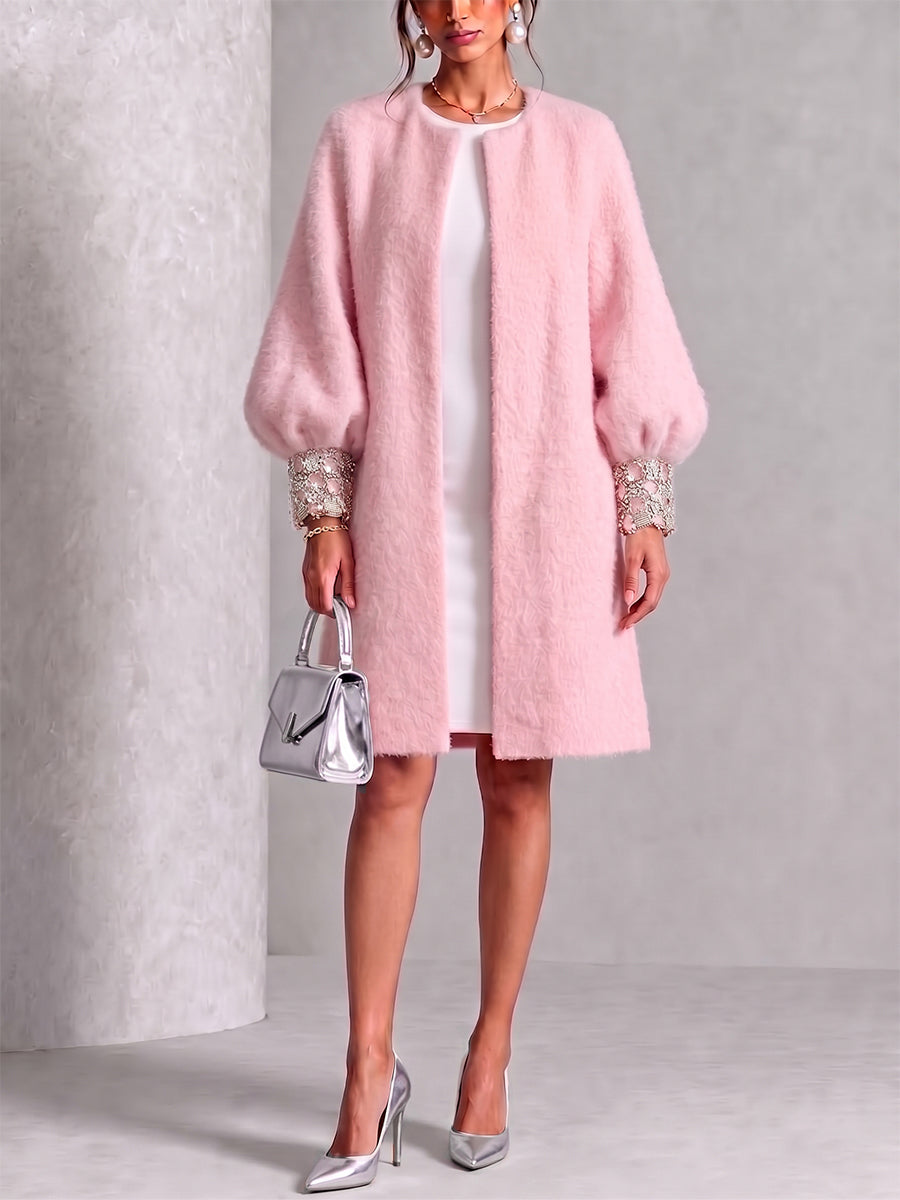 🤲LAST DAY SAVE 49% ⏰Cozy Pink Woolen Shiny Cuffs Open-front Coat— FREE Handbag