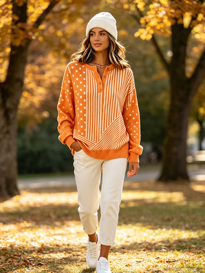 🤲LAST DAY SAVE 49% ⏰Chic Vibrant Orange Mixed-pattern Knit Sweater