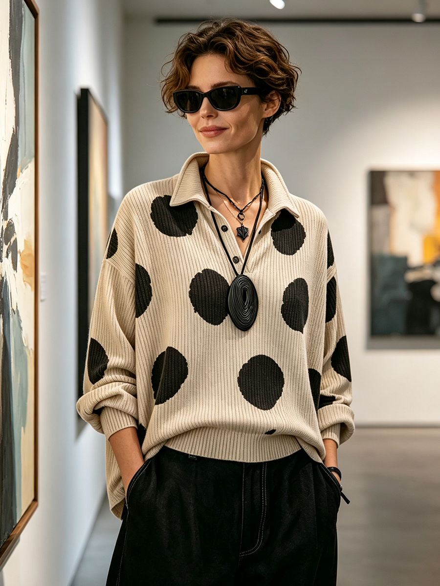 🤲LAST DAY SAVE 49% ⏰Cozy Oversized Polka Dot Lapel Collar Knit Top