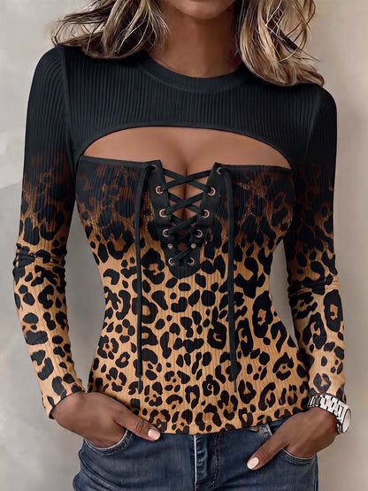 🤲LAST DAY SAVE 49% ⏰Women's Gradient Leopard Print Cut-out Crew Neck Lace-up Long-sleeve Slim-fit Casual Top