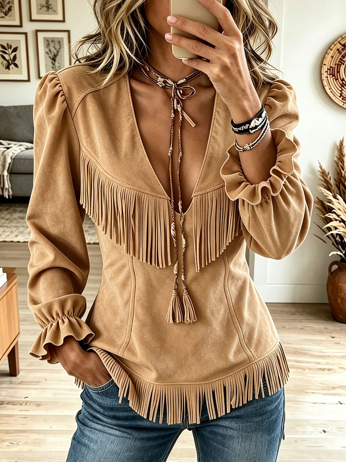 🤲LAST DAY SAVE 49% ⏰Women Western Faux Suede Fringe V Neck Tie Ruffle Long Sleeve Top