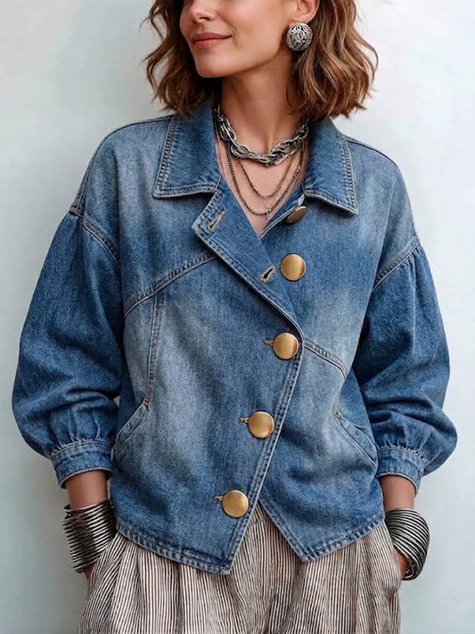 🤲LAST DAY SAVE 49% ⏰Asymmetrical Slant Gold Button Lantern Sleeve Denim Jacket