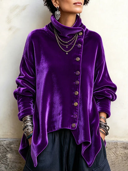 🤲LAST DAY SAVE 49% ⏰Chic Velvet Asymmetric Button Turtleneck Top