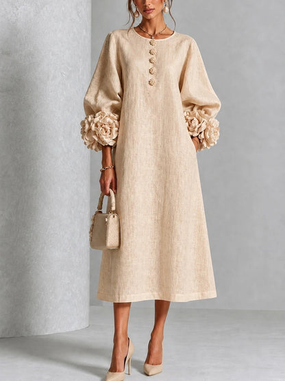 🤲LAST DAY SAVE 49% ⏰Chic Chambray Denim 3D Rosette Sleeve Midi Dress