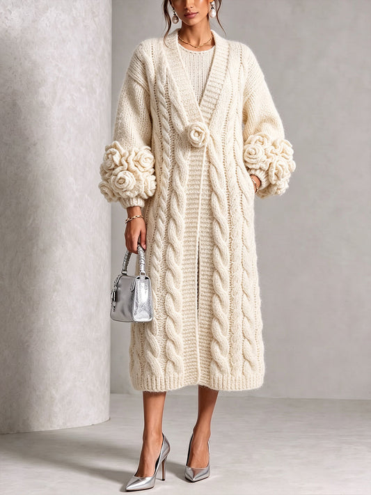🤲LAST DAY SAVE 49% ⏰Chic Cream Floral Accented Cable-Knit Cardigan— FREE Handbag