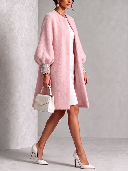 🤲LAST DAY SAVE 49% ⏰Cozy Pink Woolen Shiny Cuffs Open-front Coat— FREE Handbag