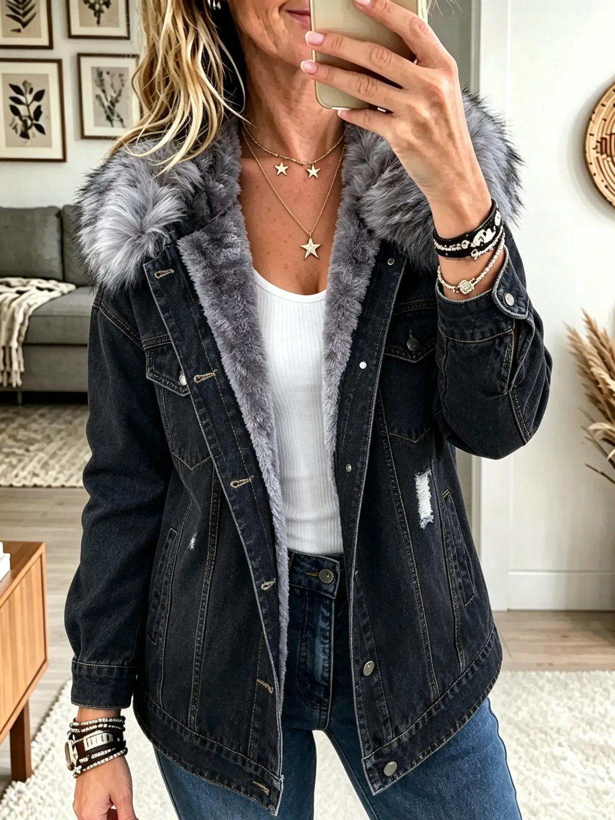 🤲LAST DAY SAVE 49% ⏰Women's Faux Fur Collar Fleece-Lined Denim Jacket