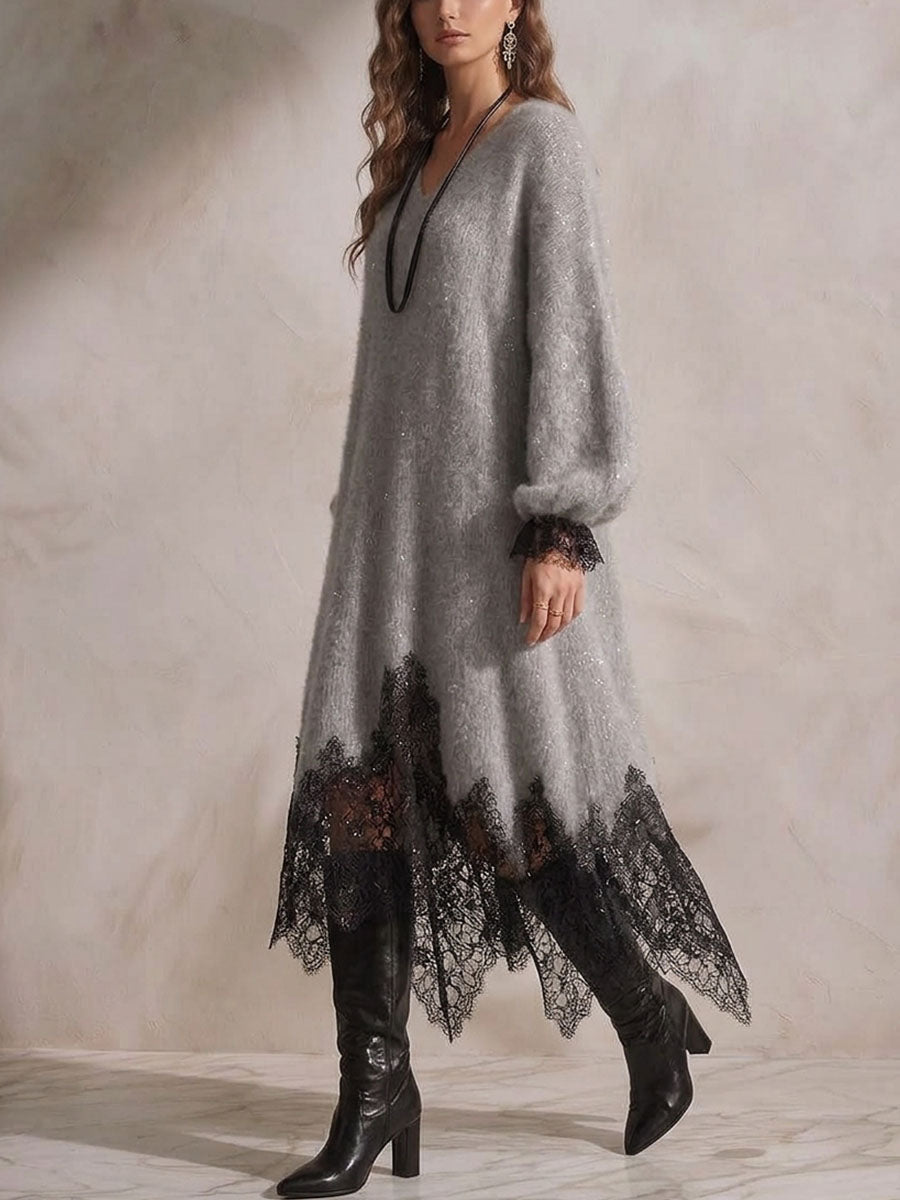 🤲LAST DAY SAVE 49% ⏰Women's V-neck Long-sleeve Casual Loose-fit Knit Dress With Lace Paneling And Subtle Shimmer
