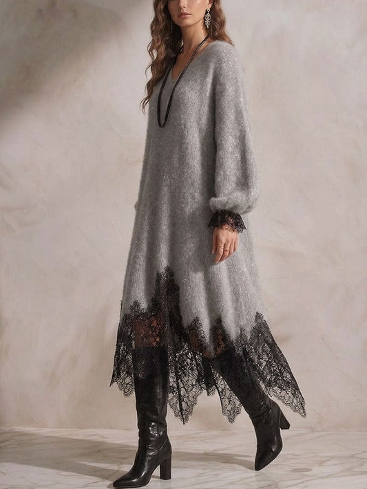 🤲LAST DAY SAVE 49% ⏰Women's V-neck Long-sleeve Casual Loose-fit Knit Dress With Lace Paneling And Subtle Shimmer