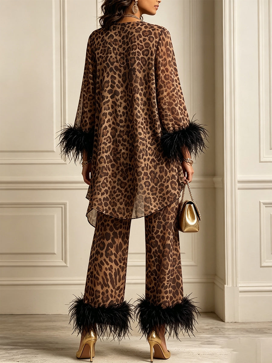 🤲LAST DAY SAVE 49% ⏰Chic Leopard Print Feather-Trimmed Two-Piece Set