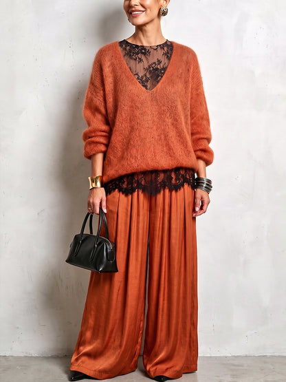 🤲LAST DAY SAVE 49% ⏰Cozy Lace Long Sleeve T-shirt And Mohair Knit Sweater Two Piece Set