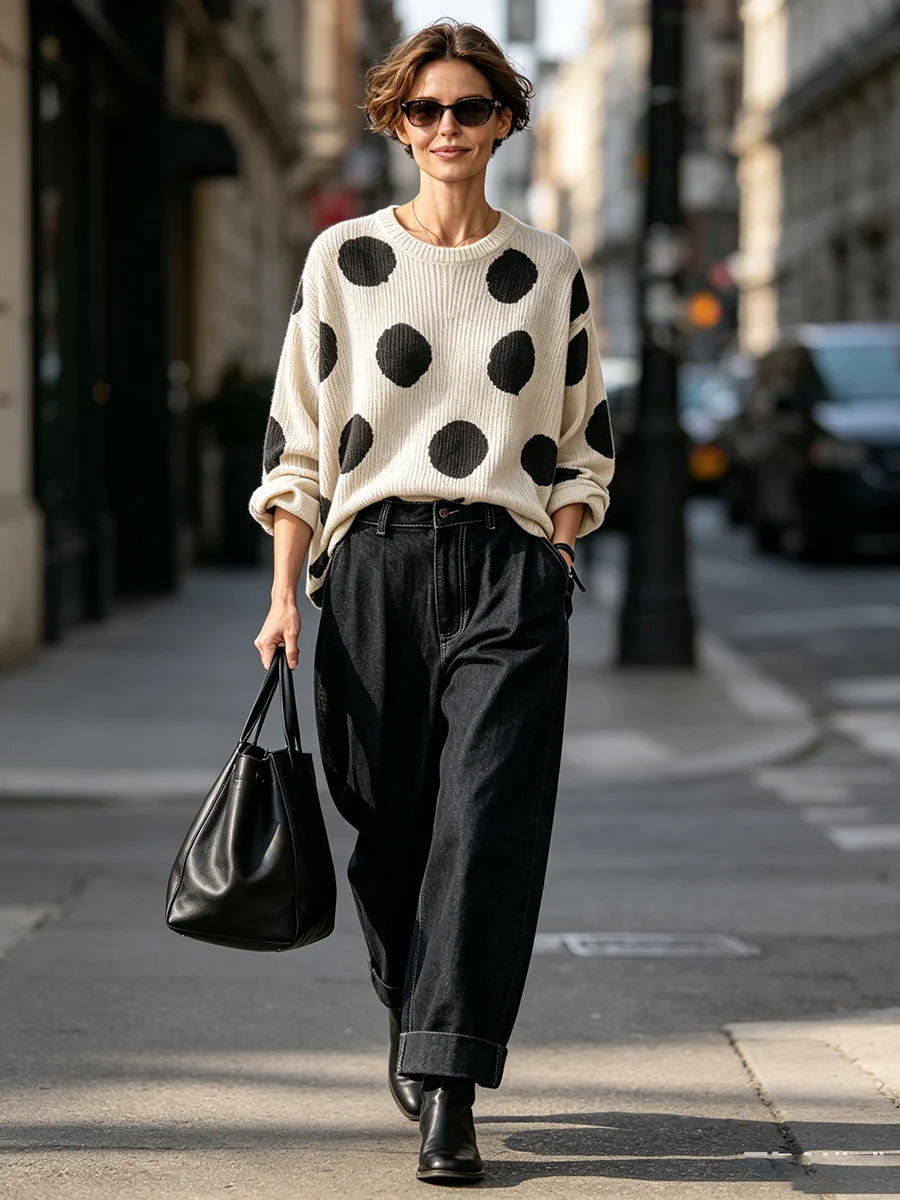 🤲LAST DAY SAVE 49% ⏰Cozy Oversized Polka Dot Lapel Collar Knit Top