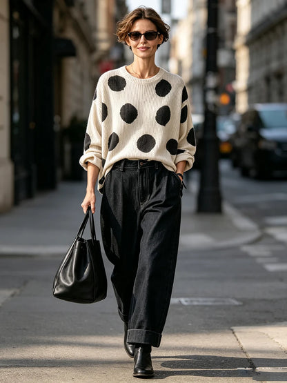 🤲LAST DAY SAVE 49% ⏰Cozy Oversized Polka Dot Lapel Collar Knit Top