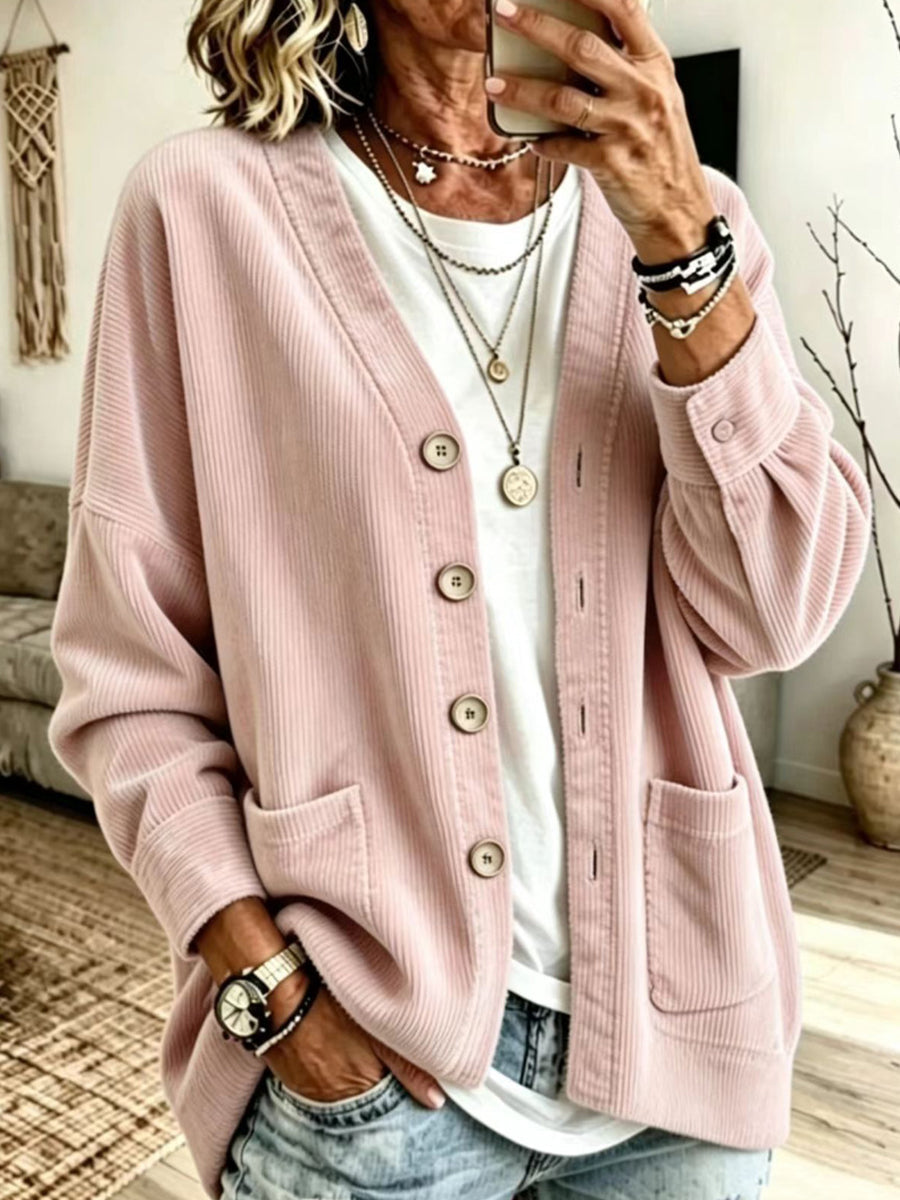 🤲LAST DAY SAVE 49% ⏰Corduroy V-neck Loose-fit Drop-shoulder Single-breasted Cardigan With Dual Pockets