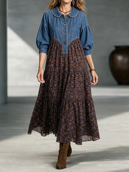 🤲LAST DAY SAVE 49% ⏰Boho-chic Denim Bodice Long Sleeve Floral Tiered Swing Maxi Dress