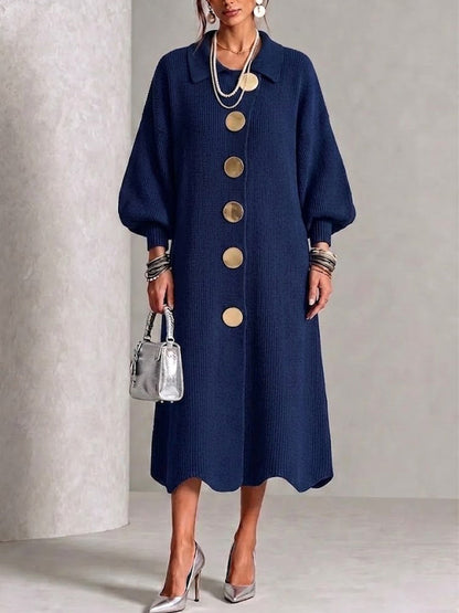 🤲LAST DAY SAVE 49% ⏰Long-sleeve Knit Dress With A Large Metal Buckle, Lapel Collar, And Lantern Sleeves