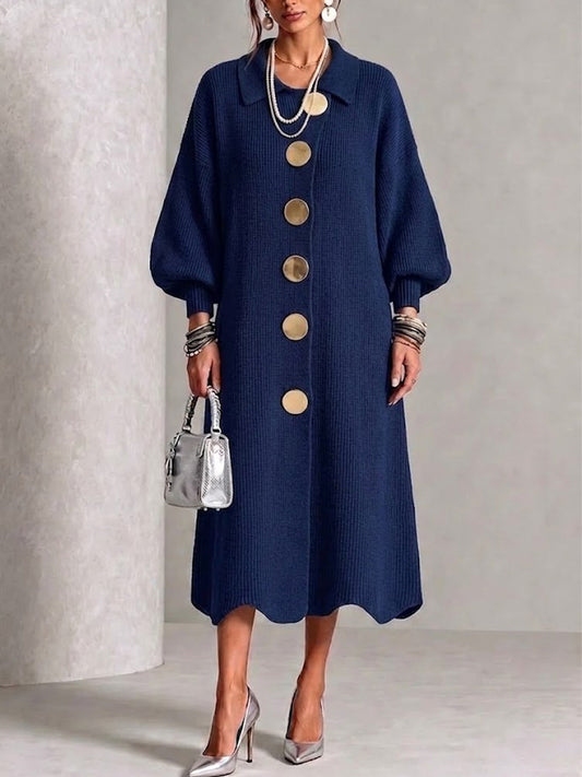 🤲LAST DAY SAVE 49% ⏰Long-sleeve Knit Dress With A Large Metal Buckle, Lapel Collar, And Lantern Sleeves