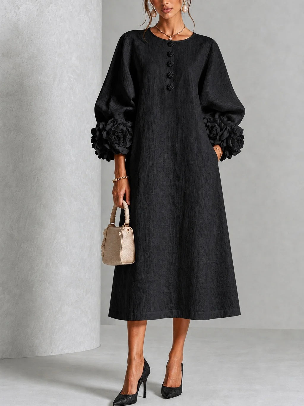 🤲LAST DAY SAVE 49% ⏰Chic Chambray Denim 3D Rosette Sleeve Midi Dress