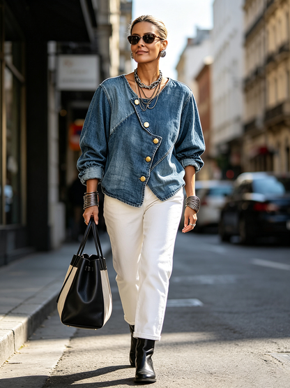 🤲LAST DAY SAVE 49% ⏰Artisti Cozy Asymmetrical Denim Blouse