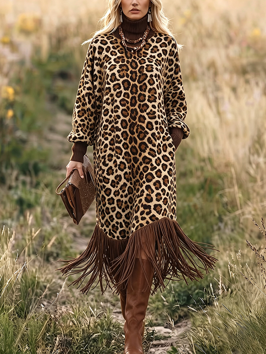 🤲LAST DAY SAVE 49% ⏰Boho Chic Wild Leopard Fringe Dress— FREE Handbag