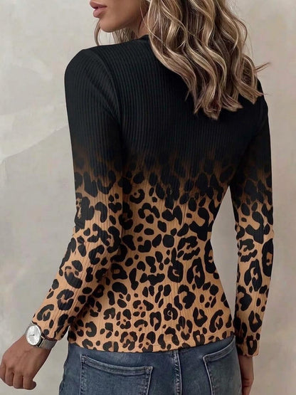 🤲LAST DAY SAVE 49% ⏰Women's Gradient Leopard Print Cut-out Crew Neck Lace-up Long-sleeve Slim-fit Casual Top