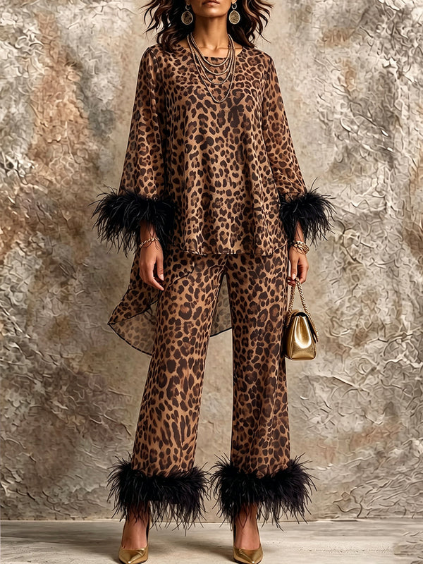 🤲LAST DAY SAVE 49% ⏰Chic Leopard Print Feather-Trimmed Two-Piece Set