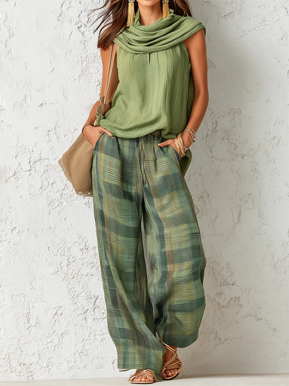 🌷Women's Vintage-Inspired Casual Chic Sleeveless Top And Plaid Trousers Set