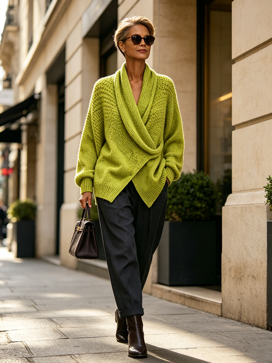 🤲LAST DAY SAVE 49% ⏰Chic Shawl Colla Lime Green Oversized Knitwear
