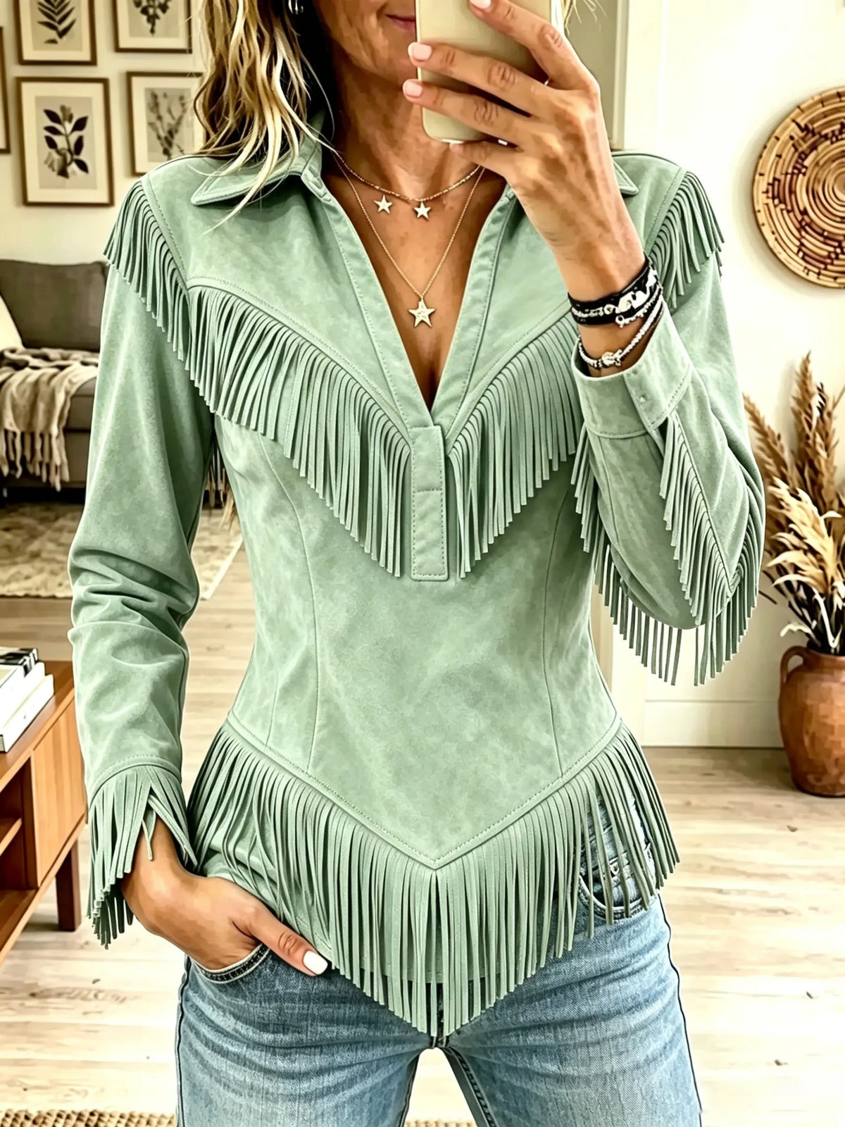 🤲LAST DAY SAVE 49% ⏰Women's Western Fringe Suede Pointed Hem Top
