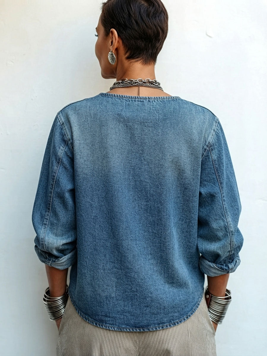 🤲LAST DAY SAVE 49% ⏰Artisti Cozy Asymmetrical Denim Blouse