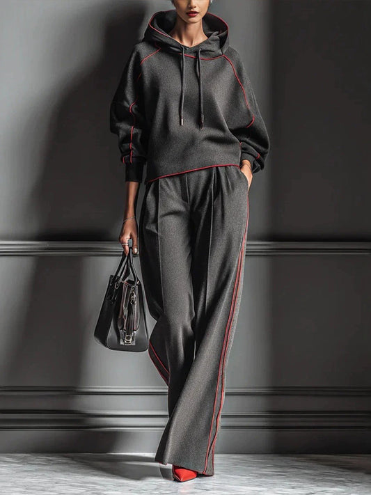 🤲LAST DAY SAVE 49% ⏰Chic Charcoal Grey Red-Trimmed Hooded Tracksuit Set— FREE Handbag