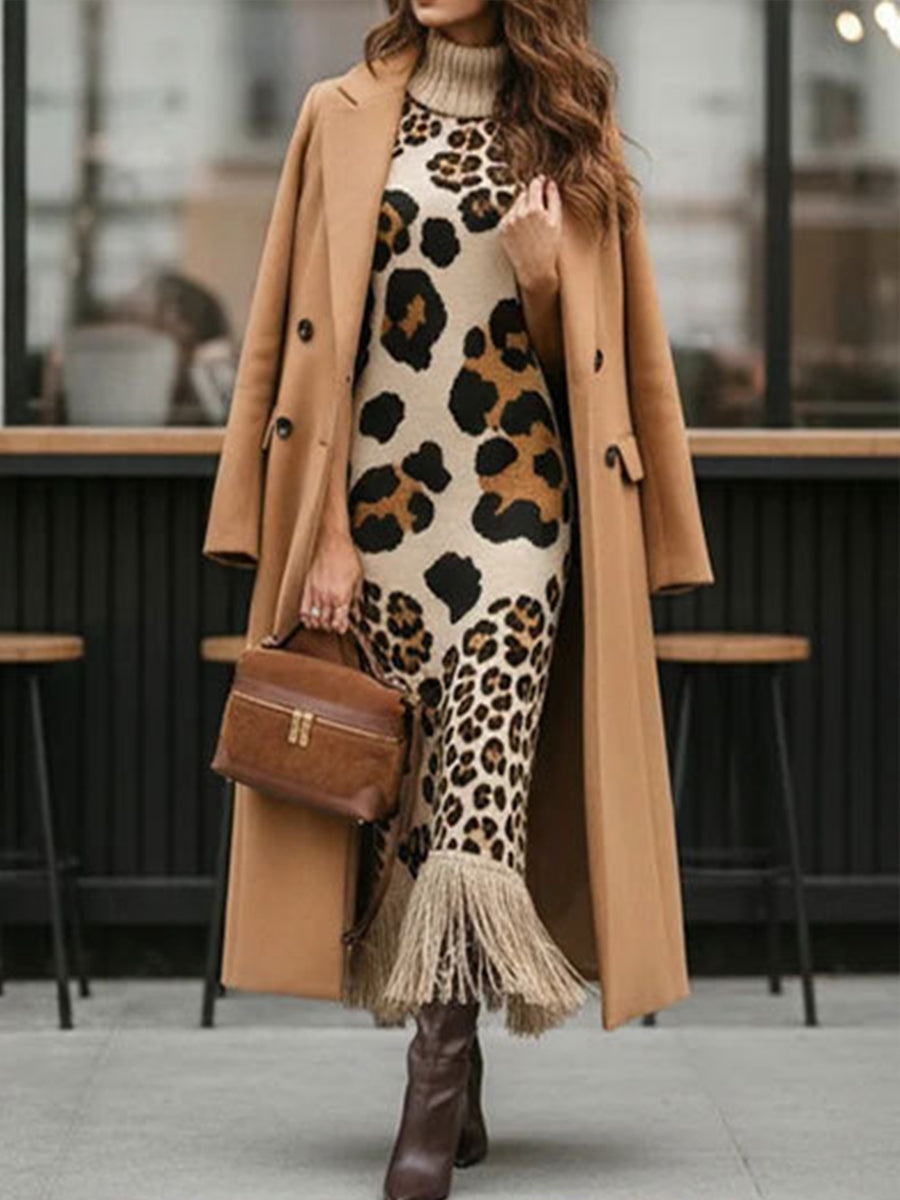 🤲LAST DAY SAVE 49% ⏰Bohemian Leopard-print Sleeveless Turtleneck Knit Midi Dress-✨FREE Handbag