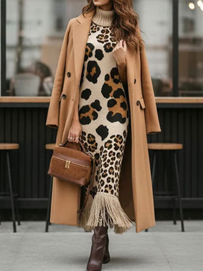 🤲LAST DAY SAVE 49% ⏰Bohemian Leopard-print Sleeveless Turtleneck Knit Midi Dress-✨FREE Handbag