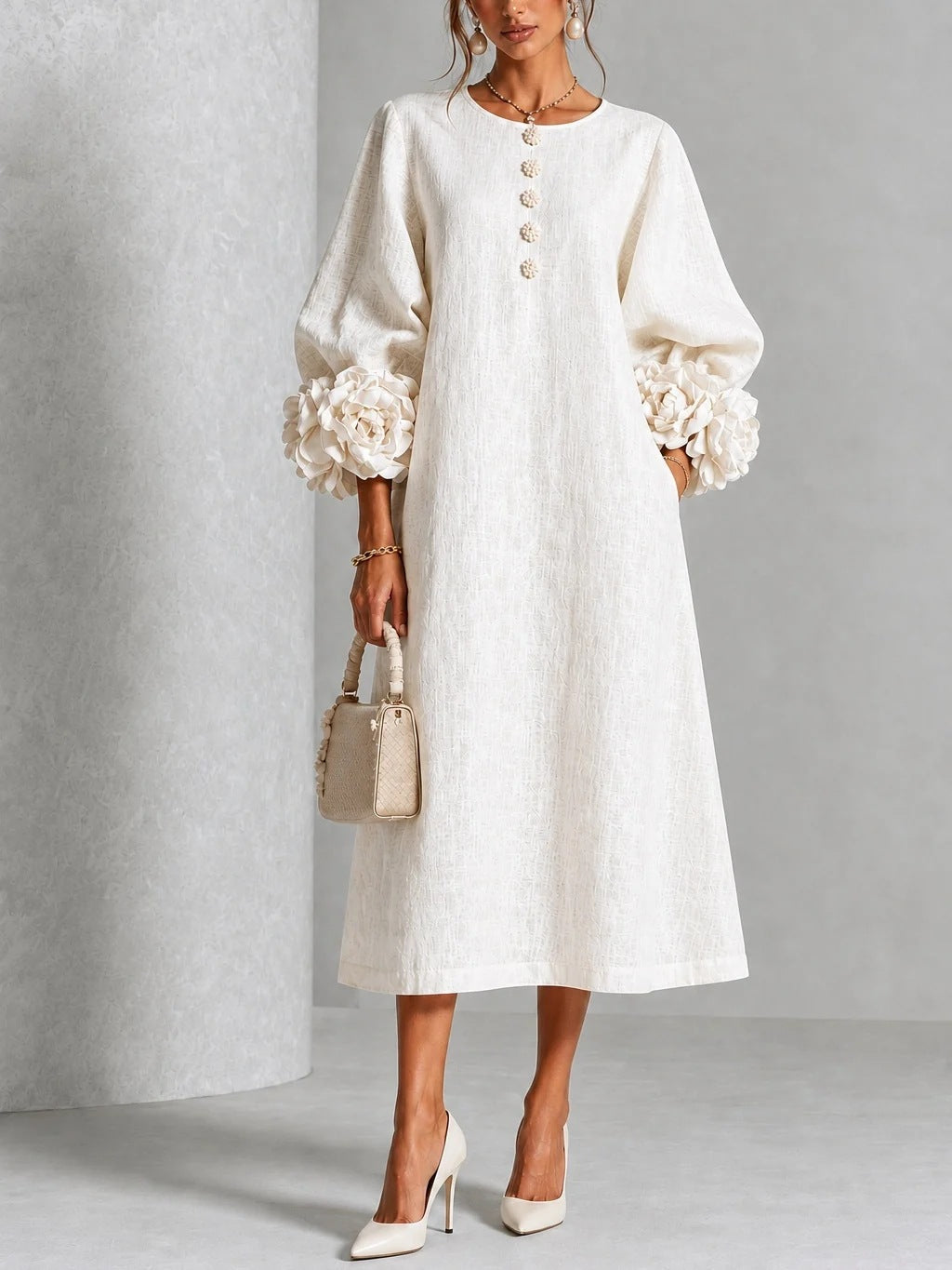🤲LAST DAY SAVE 49% ⏰Chic Chambray Denim 3D Rosette Sleeve Midi Dress