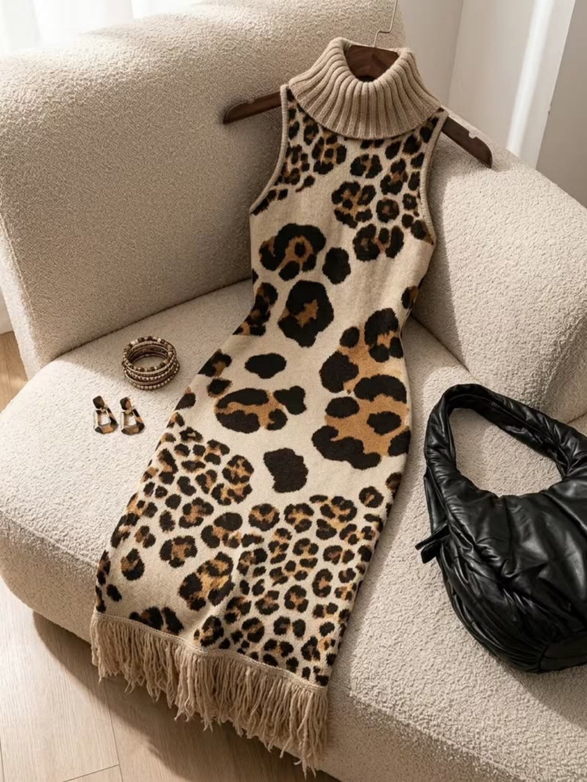 🤲LAST DAY SAVE 49% ⏰Bohemian Leopard-print Sleeveless Turtleneck Knit Midi Dress-✨FREE Handbag