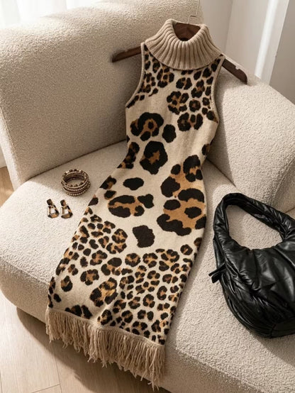 🤲LAST DAY SAVE 49% ⏰Bohemian Leopard-print Sleeveless Turtleneck Knit Midi Dress-✨FREE Handbag