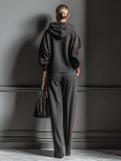 🤲LAST DAY SAVE 49% ⏰Chic Charcoal Grey Red-Trimmed Hooded Tracksuit Set— FREE Handbag