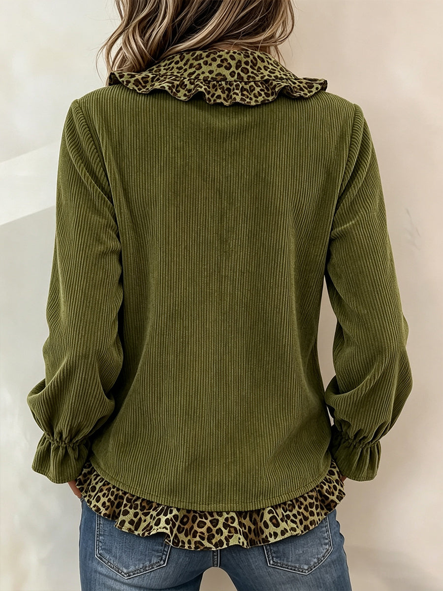 🤲LAST DAY SAVE 49% ⏰Chic Leopard-Trim Corduroy Blouse