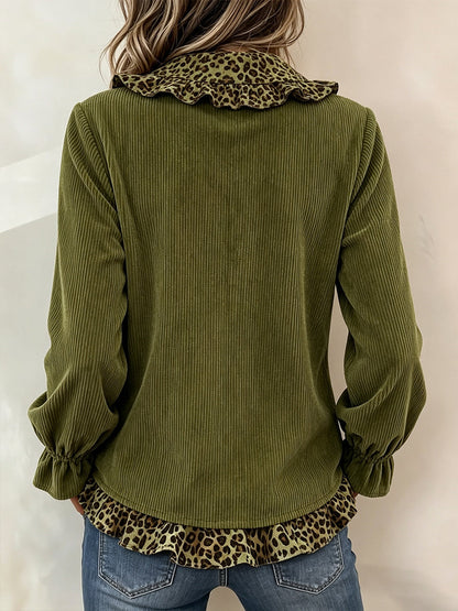 🤲LAST DAY SAVE 49% ⏰Chic Leopard-Trim Corduroy Blouse
